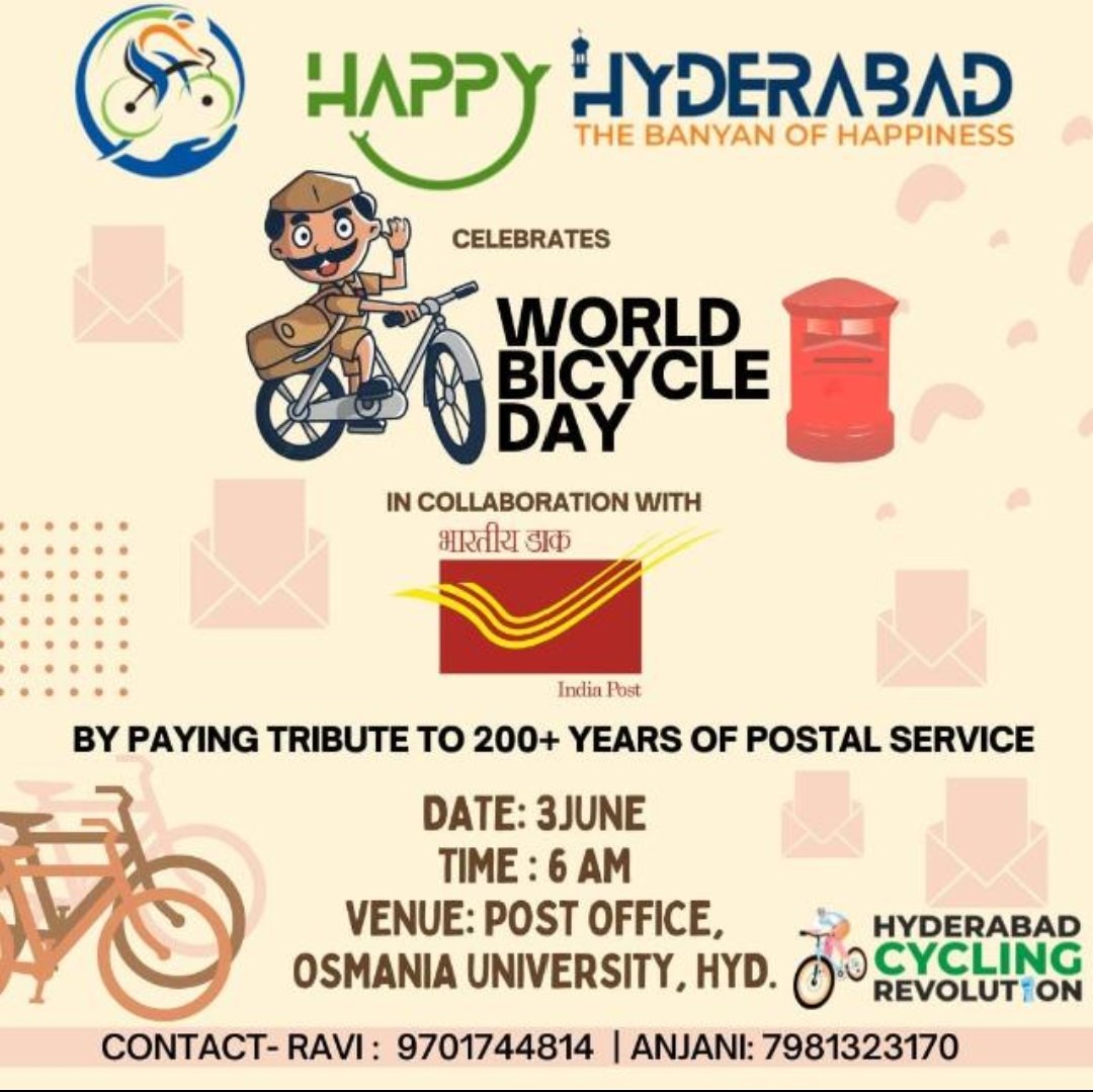 #HAPPYHYDERABAD
In Collaboration with INDIAN POSTAL DEPARTMENT
#WORLDBICYCLEDAY
@IndiaPostOffice
BY PAYING TRIBUTE TO 200 YEARS OF POSTAL SERVICE
#BicycleDay 
#IndiaPostOffice 
#HyderabadCyclingRevolution 
#HappyHyderabad

@KTRBRS @sselvan @arvindkumar_ias @HydcyclingRev