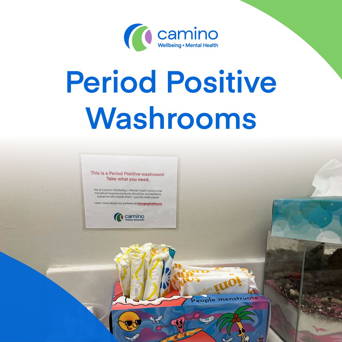 [Follow @CaminoWellbeing for new updates. This account will be inactive soon.] Period positive washrooms are a step towards menstrual equity, which is affordable and safe access to menstrual products when and where they are needed – and that can be in any washroom at any time.
