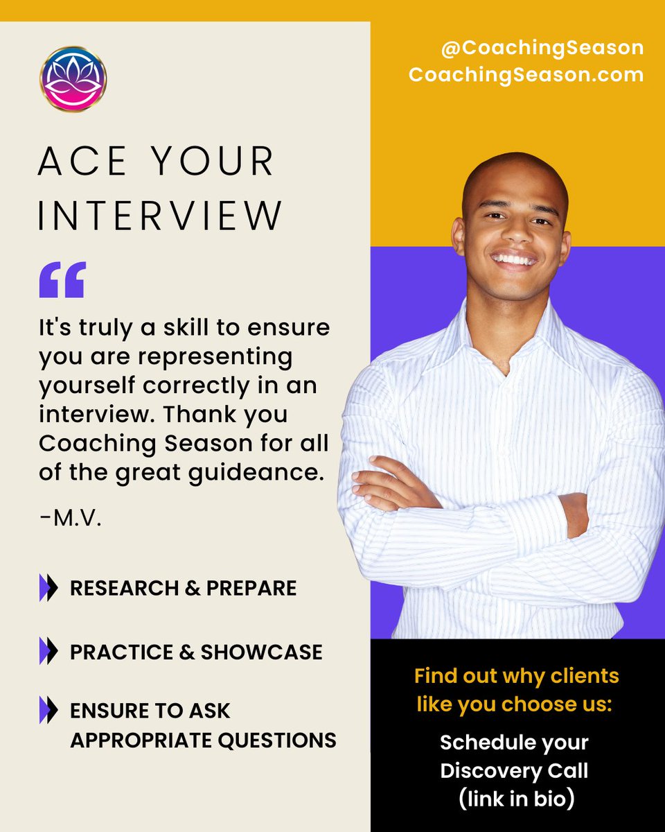 🌟 How to Ace Your Job Interview 🌟

📷 Prepare and practice:   
📷 Showcase your skills:   
📷 Ask Questions: 

We offer free discovery calls to help you 'Ace Your Interview in 90 seconds.'