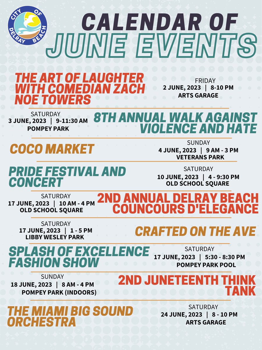 citydelraybeach's tweet photo. From craft festivals to comedy shows, there’s a little something in store for everybody this June. We’re stoked to keep the summertime energy going with these great events and can’t wait to see you there! https://t.co/06mpzl6u3B