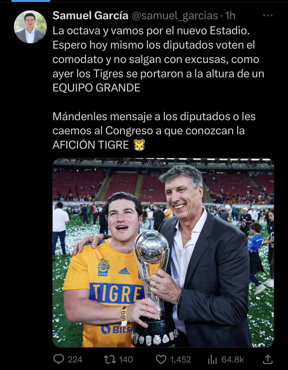Al mero estilo de López Obrador y MORENA, nuestro gobernador <a href="/samuel_garcias/">Samuel García</a> tratando de confrontar a una afición con el <a href="/CongresoNL/">Congreso Nuevo León</a> 

Los ciudadanos merecen soluciones en transporte, seguridad, medio ambiente, etc.