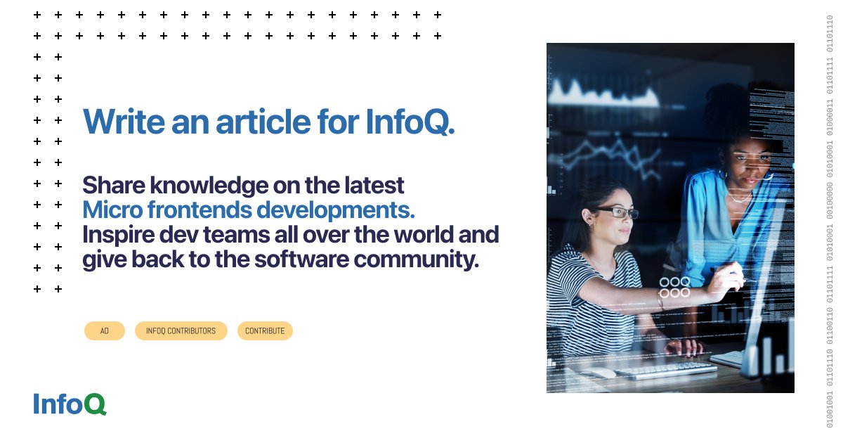 InfoQ's tweet image. Write an article for InfoQ’s Architecture and Design queue, share knowledge and help developers like yourself to stay ahead of the adoption curve! Find out more and get in touch: bit.ly/3XRCJkL

#microfrontends #asyncapi #blockchain #http3 #RSocket #FaaS #BaaS #paas