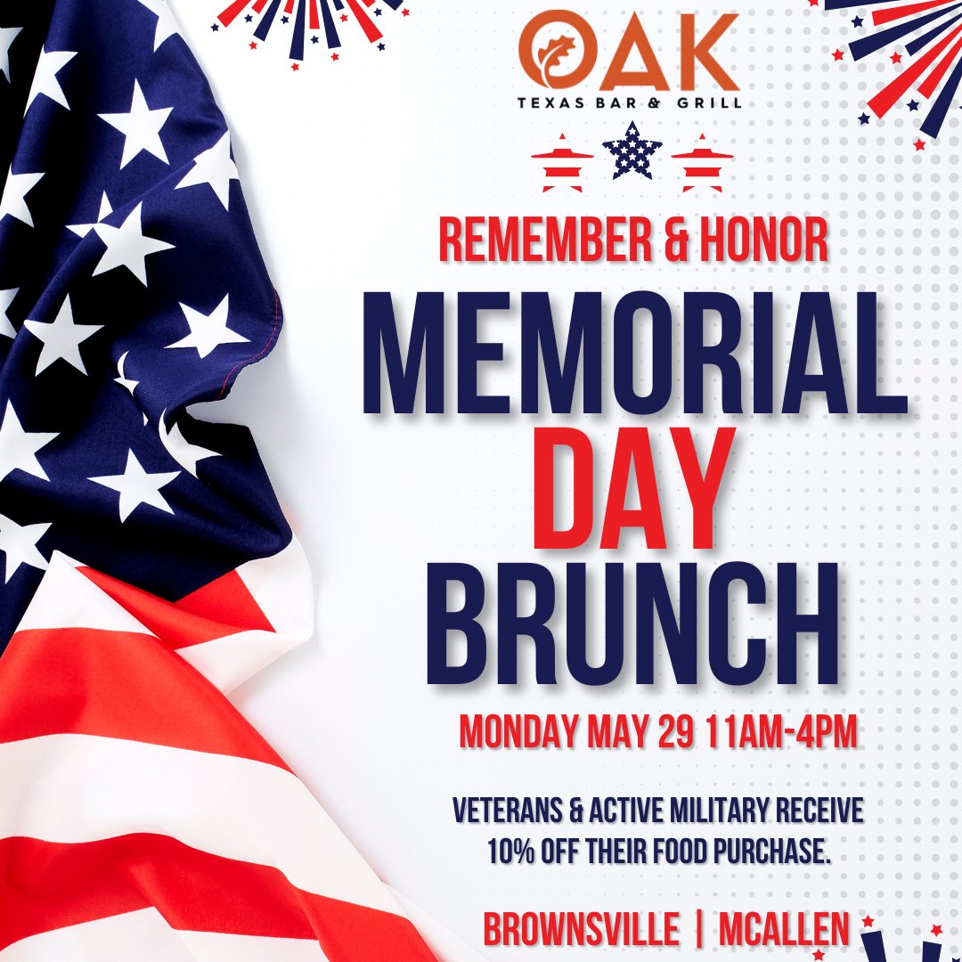 🇺🇸 HAPPY MEMORIAL DAY! 🇺🇸 How do we like to celebrate an extra day off? 🥳 BRUNCH. 
We are OPEN and serving up all your favorite brunch entrees. 
As always, Active Military and Veterans receive 10% off. 
See y’all at OAK.
