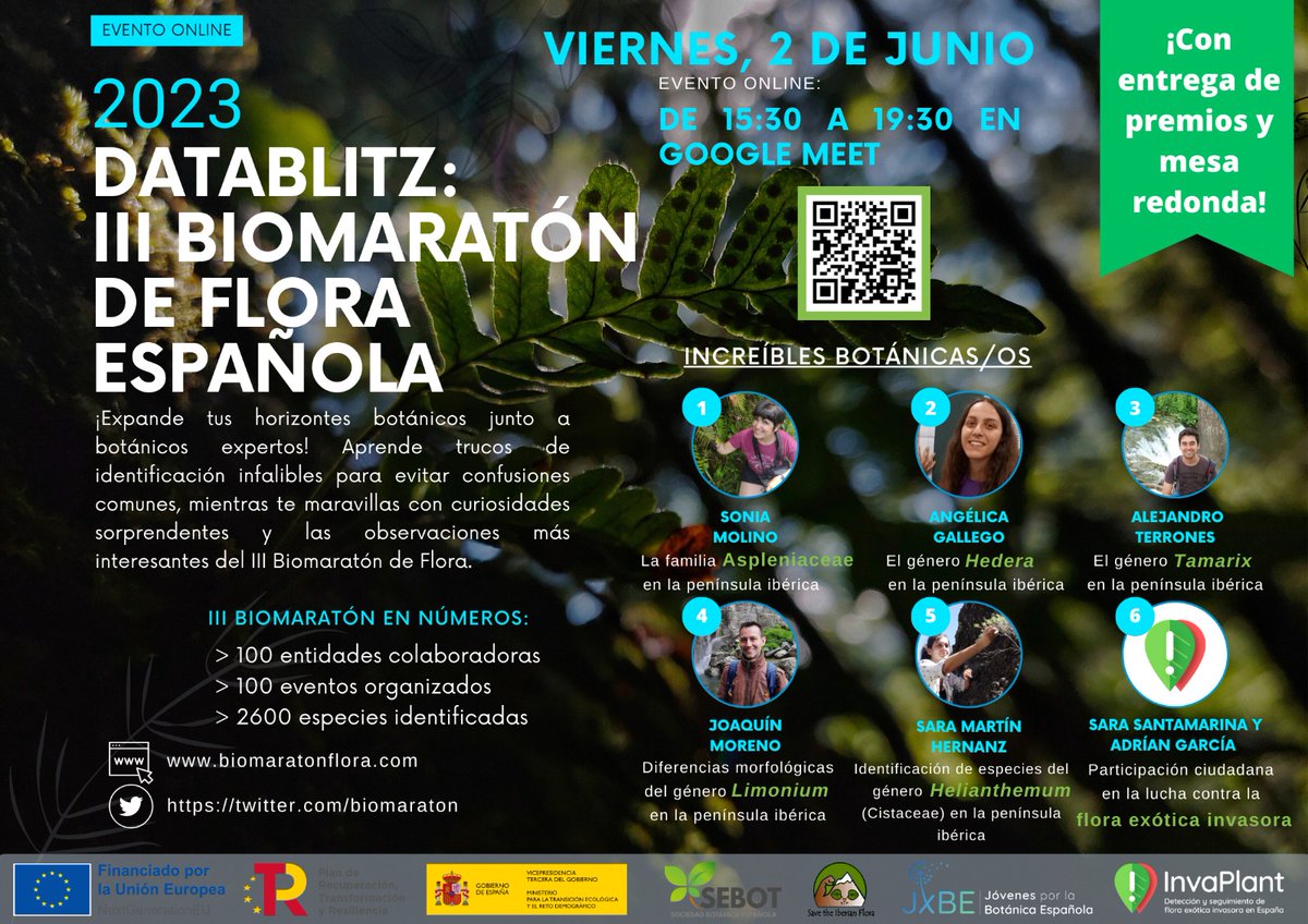📢Este viernes a las 15:30h. tendremos el #Datablitz vía  #GoogleMeet. Contaremos curiosidades, trucos de identificación, repasaremos las observaciones más interesantes y ¡entregaremos los 🏆#Biomaratón2023!
#cienciaciudadana #fotografía #floraespañola #invaplantas