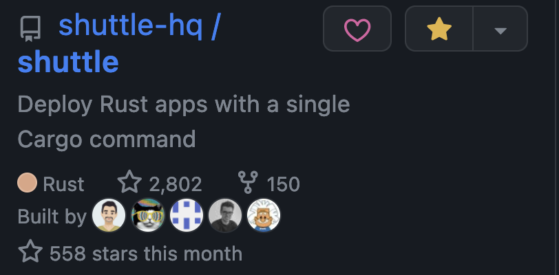 shuttle_dev's tweet photo. Shuttle is trending on GitHub! 🚀
Thanks to everyone who showed support by starring our repository 💪
https://t.co/5G3nRrjODl
#rust_lang https://t.co/pjdWidAYt8