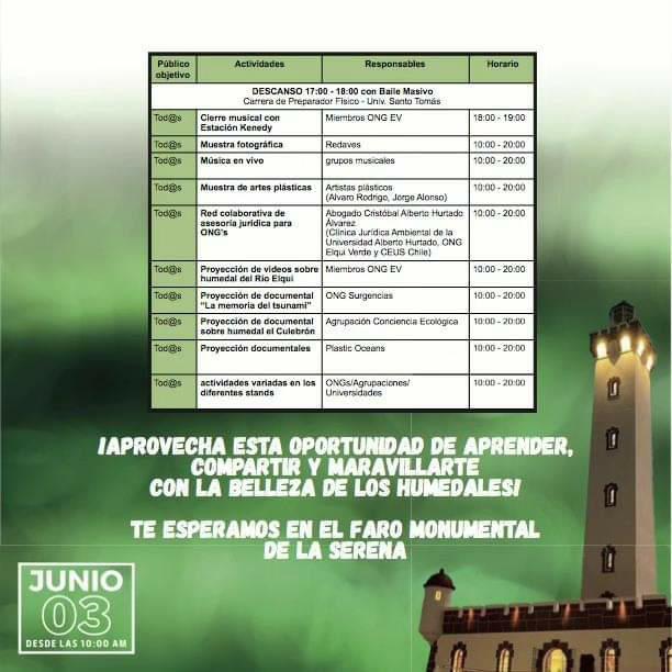 Sábado 3 de junio de 10 a 20h en El Faro, La Serena.

Participa en este gran evento: charlas, stands, conversatorios y talleres.🌊

¡Una actividad para conocer el valor de nuestra costa!

#humedalesurbanos #conservación #diadelmedioambiente #diadelosoceanos