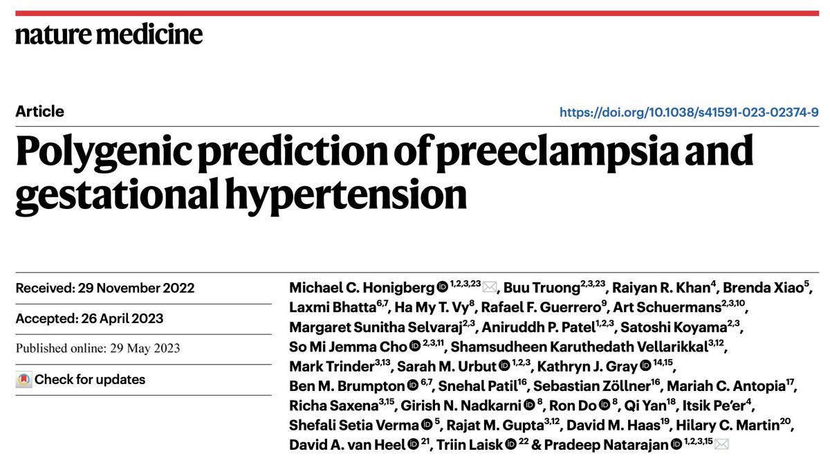 It’s out! Thrilled to share our expanded genome-wide association study 🧬 of preeclampsia + gestational hypertension 🤰 in @NatureMedicine 🙏 to the reviewers/editors who improved this paper from the preprint Paper here: nature.com/articles/s4159… Short thread 👇 (1/8)