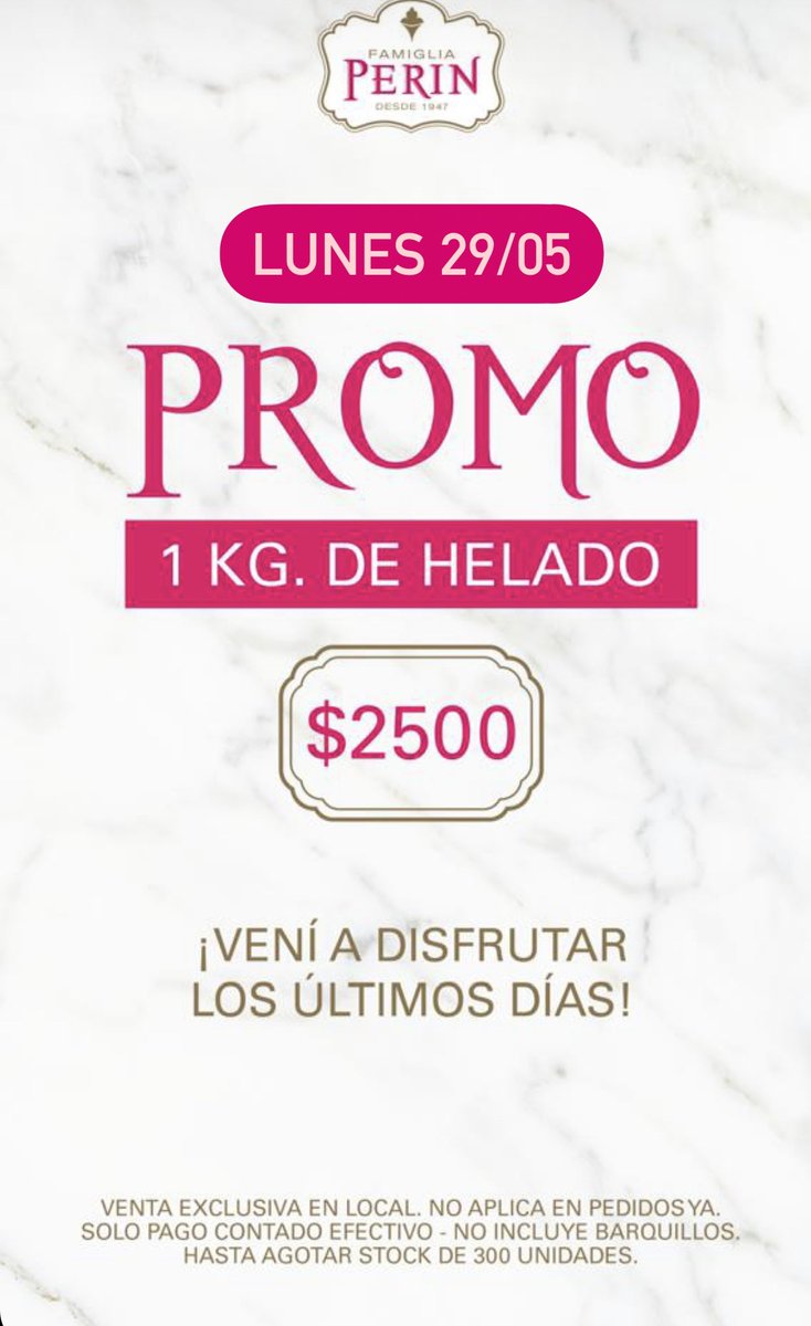 ¡Empezar la semana con helado, es empezar bien arriba! Hoy lunes 29/05 SÚPER PROMO en 1 kgr de helado a $2500.