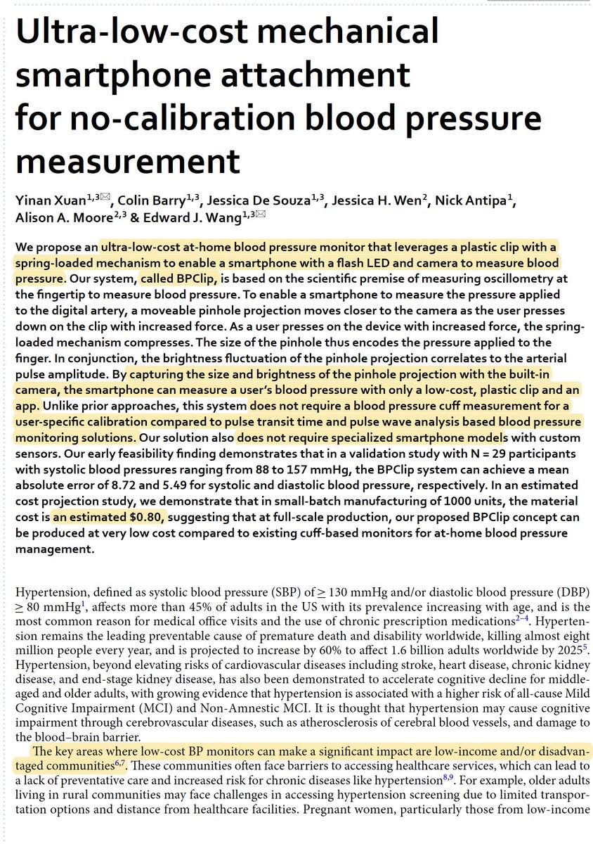 EricTopol's tweet photo. A clever smartphone attachment for about 80 cents for blood pressure measurement without need for calibration https://t.co/aMQ8tI1saM good preliminary accuracy data, needs much more assessment @UCSDJacobs @ejaywang @yinan_xuan @DesignLabUCSD https://t.co/NQfdtHTFtk