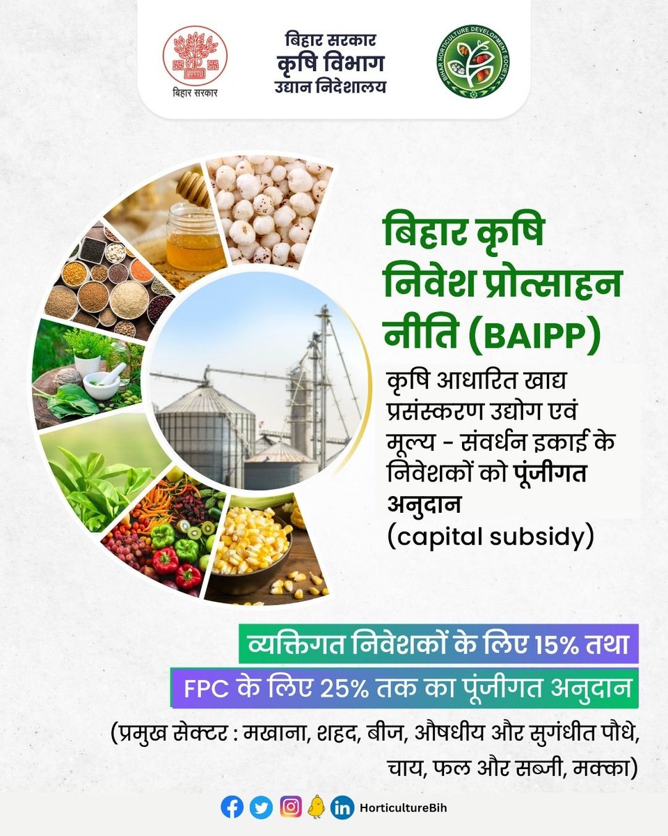 HorticultureBih's tweet photo. बिहार कृषि निवेश प्रोत्साहन नीति के तहत कृषि आधारित खाद्य प्रसंस्करण उद्योग एवं मूल्य - संवर्धन इकाई के निवेशकों को पूंजीगत अनुदान।
@KumarSarvjeet6
@dralokghosh
@Agribih
@AgriGol
@saravanakr_n
@Rajenderb1995
@abhitwittt
#BAIPP #FPO #FPC #agriculture #horticulture https://t.co/6dfuv3pcv0