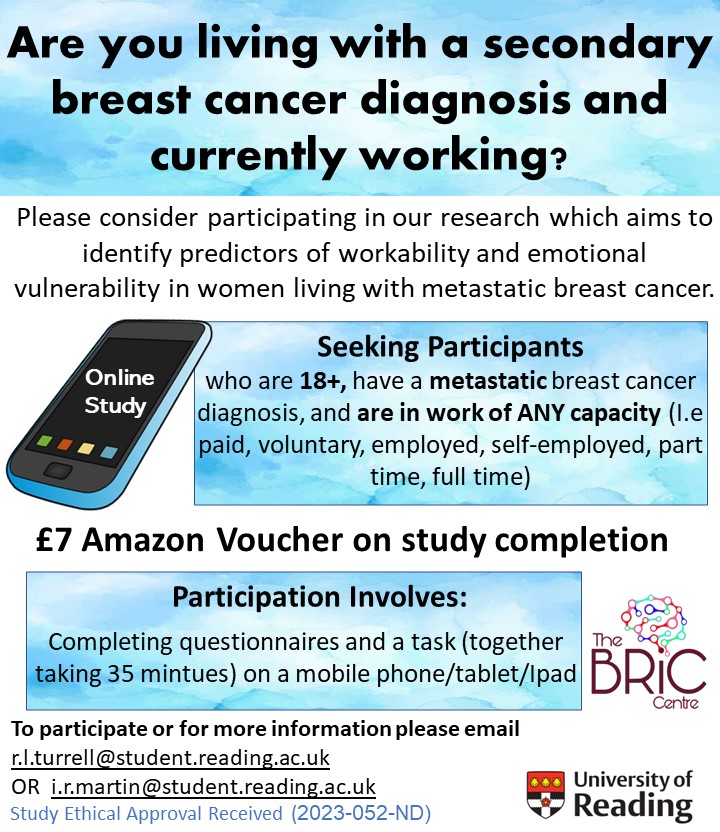 We are interested in discovering better ways to improve workability in women with secondary breast cancer. This new online study investigates what factors affect our workability. Please can you help us? please RT! 🙏#secondarybreastcancer #metastaticbreastcancer @abcdiagnosis