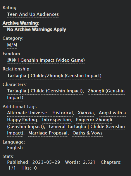 Tomorrow
#Tartali #タル鍾 #公钟

Childe and Zhongli share one last night together before the vanguard general on loan to Liyue begins his greatest war campaign.

📖: archiveofourown.org/works/47509783