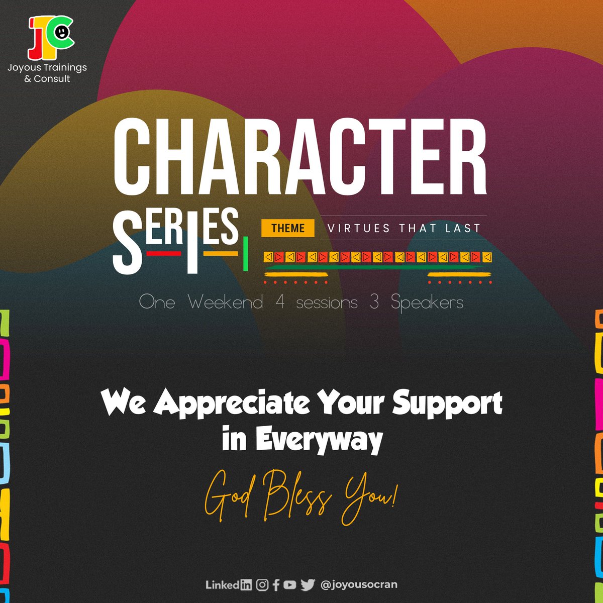 joyousocran's tweet photo. We succeeded because you supported us🎉🎉
We appreciate every support.
JTC is grateful🙌🏿.
God bless you🙌🏿🙌🏿
#characterseries
#jtctrainings
#virtuesthatlast
#buildingafricasyoungleaders https://t.co/GIcMI1F58m
