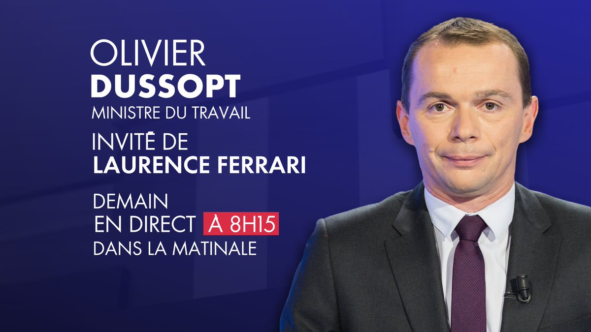 CNEWSLesOFF's tweet photo. ⏰L’INTERVIEW DE LAURENCE FERRARI, votre rendez-vous quotidien de #LaMatinale #CNEWS à 8H15 

@olivierdussopt, Ministre du Travail, du Plein emploi et de l’Insertion, sera face à @LaurenceFerrari demain sur @CNEWS https://t.co/Wfh5WS5XXK