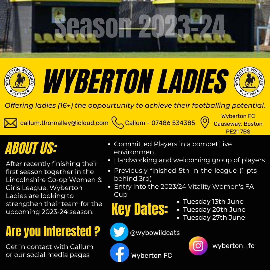 WyboWildcats's tweet photo. 💛🖤| Ladies 

The ladies are delighted to announce that they will be hosting 3 open trial sessions as look to add to their squad for the upcoming 2023/24 season. 

Shares much appreciated! 
#upthewybo #wybowildcats 

@league_radio @endeavoursport https://t.co/Xgnm6BpKfZ