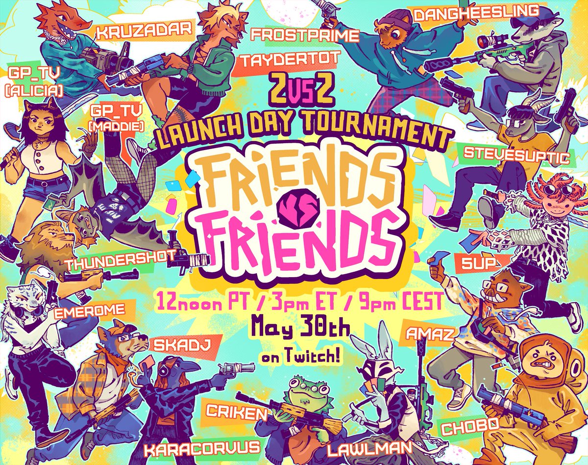 Come one come all and WITNESS as we launch friendships into chaos and put rivalries to the test when <a href="/FVFgame/">Friends vs. Friends (sales bot)</a> launches TOMORROW! 🔫

We'll kick things off right with a grand Launch Day Tournament of creators who will battle for glory in teams of two! Meet the teams below! 👇