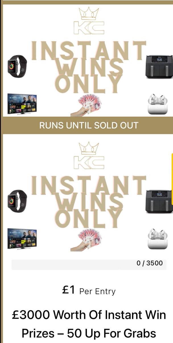 Kingcompsss's tweet photo. New comps 🚨 

£500 holiday voucher - £1.49

50 instant wins (includes cash, ninja airfryer, AirPods, Apple Watch and much more) - £1

Premium golf trip for 2 inc hotel and 2 rounds - £2.50

£100 cash - £1

https://t.co/mzg1aftAcn 👑 https://t.co/SHjuND9R6y