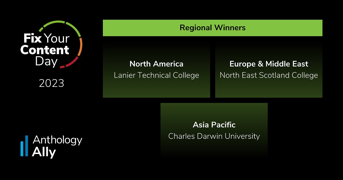 Blackboard's tweet image. Congratulations to this year’s Fix Your Content Day winners! Check out the institutions that made the most fixes. #FYCD #FixYourContent #Accessibility