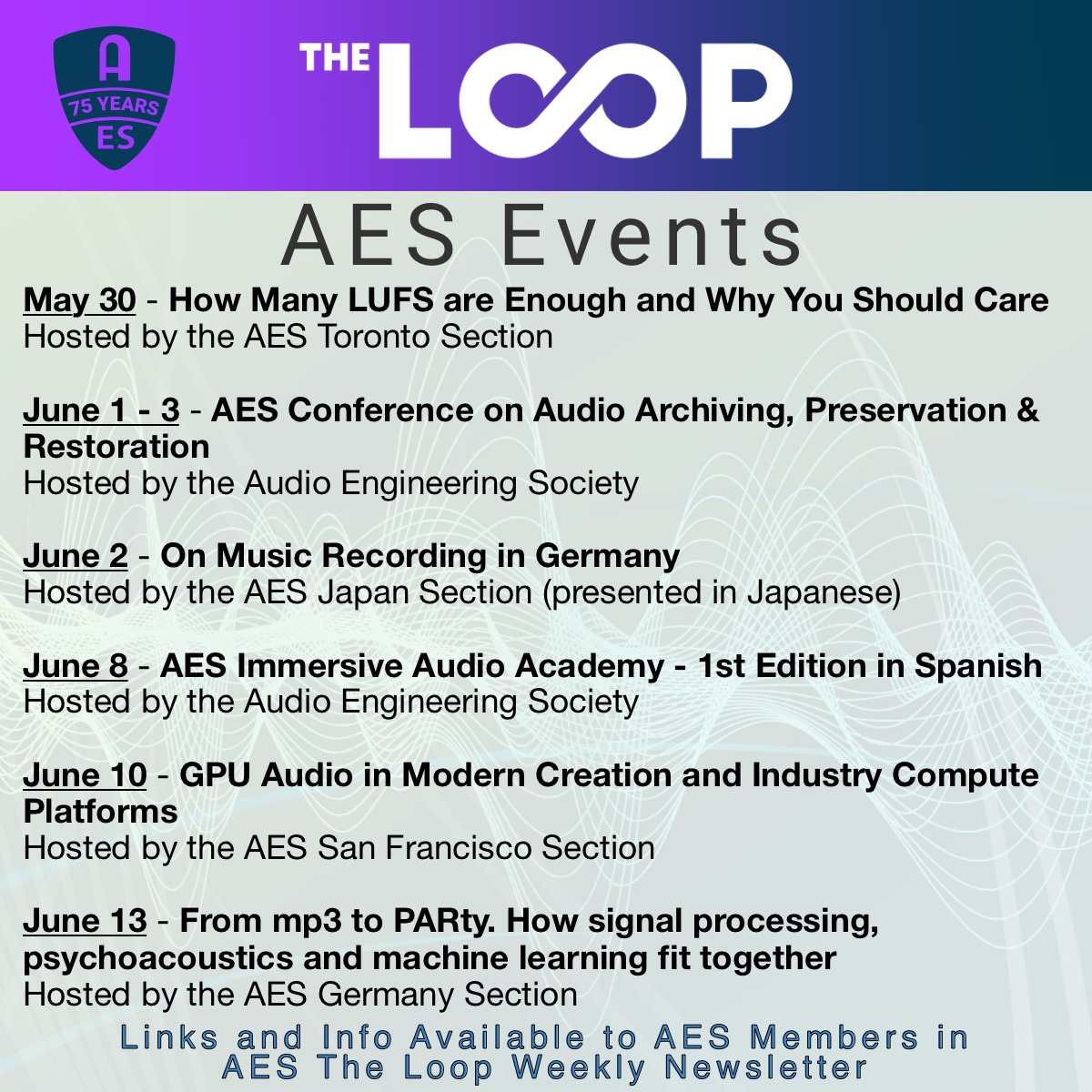 AESorg's tweet photo. Coming Up in AES Events - Join Us!
https://t.co/hmCUn4Kxgm
#AESorg #audioengineering #proaudio #audioengineer #audioengineers #audio #AES_org #Recording #psychoacoustics #LUFs #AudioArchiving #AudioPreservation #AudioRestoration #AESAudio #ImmersiveAudio #GPUaudio #MP3 #ML https://t.co/vUN0R2Uq5g