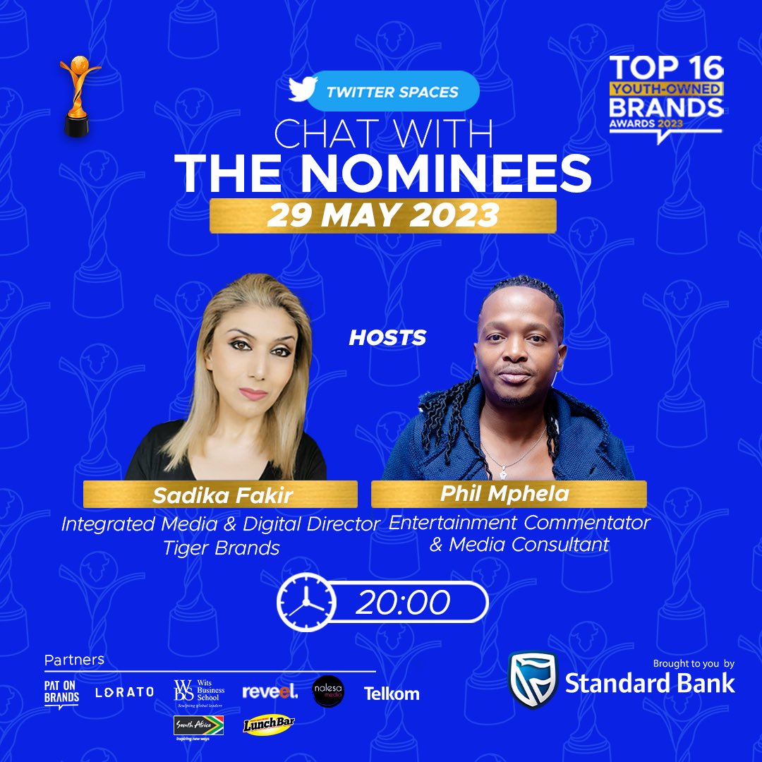 We are live with <a href="/PhilMphela/">Kgopolo</a> &amp; Sadika Fakir chatting about the Festival of Youth-Owned Brands and the big Awards show on the 15th of June.

Join us live at 8pm 🏆💙

#top16yoba #chatwiththenominees #youthexcellence
