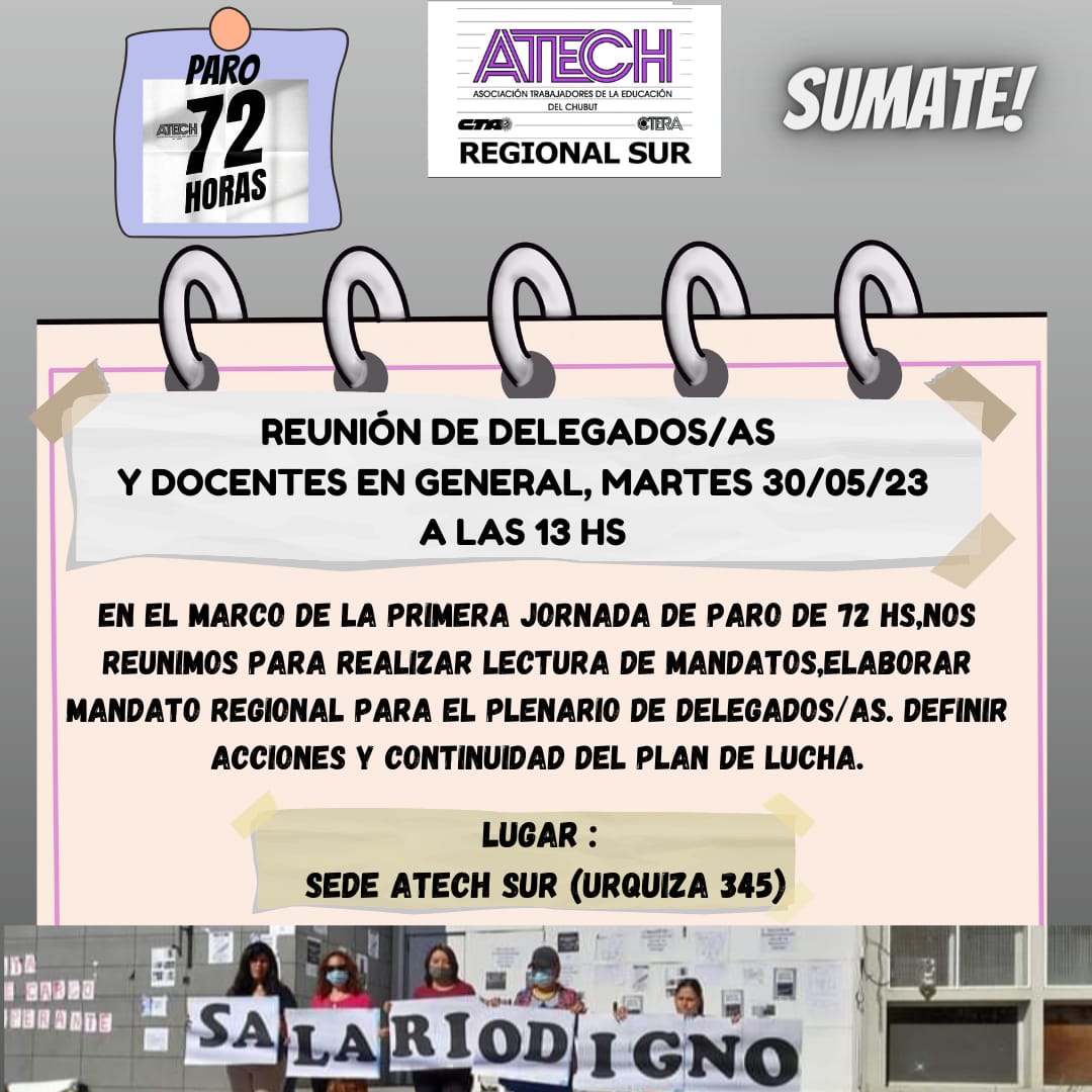 AtechRegSur's tweet photo. #AtechSur
Reunión abierta, Asamblea con delegadas y delegados mañana 13hs! https://t.co/2oOQtH5lF4