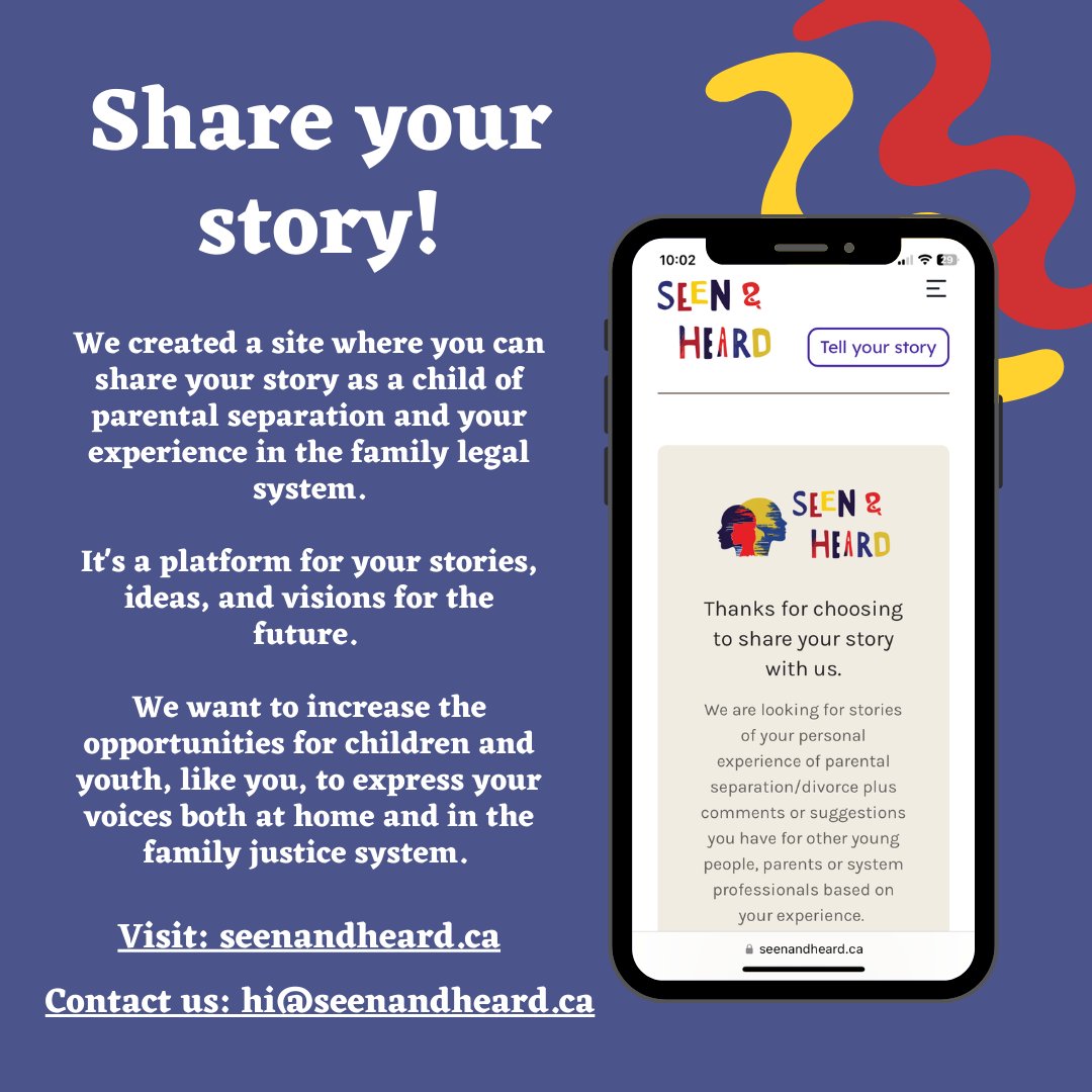 As part of the Seen and Heard project, we've launched a website where youth can share their story of #Divorce and #familycourt 

visit: seenandheard.ca

#youthvoices #familylaw #familylawyer #childrights #parentalseparation #familycourt #bclegal #advocacy #seenandheard