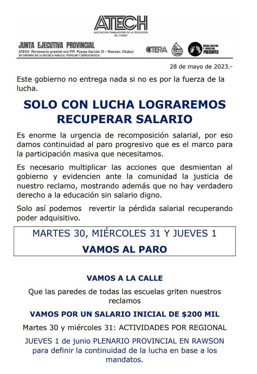 AtechRegSur's tweet photo. #AtechSur| Información Importante
*PARO DE 72 HORAS*
MARTES 30 | MIÉRCOLES 31 | JUEVES 01
*NECESITAMOS RESPUESTAS URGENTES. EXIGIMOS $200.000 DE SALARIO INICIAL*
Martes 30 y miércoles 31: Actividades por Regional
Jueves 01 de junio: PLENARIO PROVINCIAL EN RAWSON. https://t.co/Qah9RFDruz