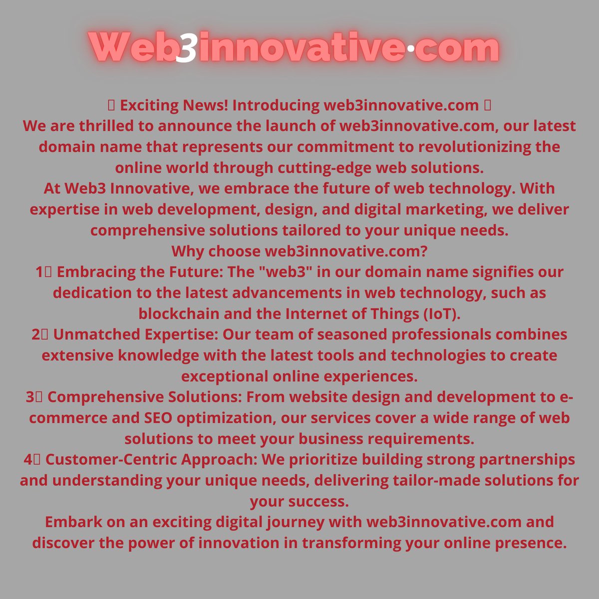 web3innovative.com for  sale
#web3innovative #webdevelopment #webdesign #digitalmarketingservice #web3innovative #webdevelopment #webdesign #blockchain #IoT #onlinesolutions #cuttingedge #digitaltransformation #innovation #webtechnology #digitalstrategy #webdeveloper #SEO