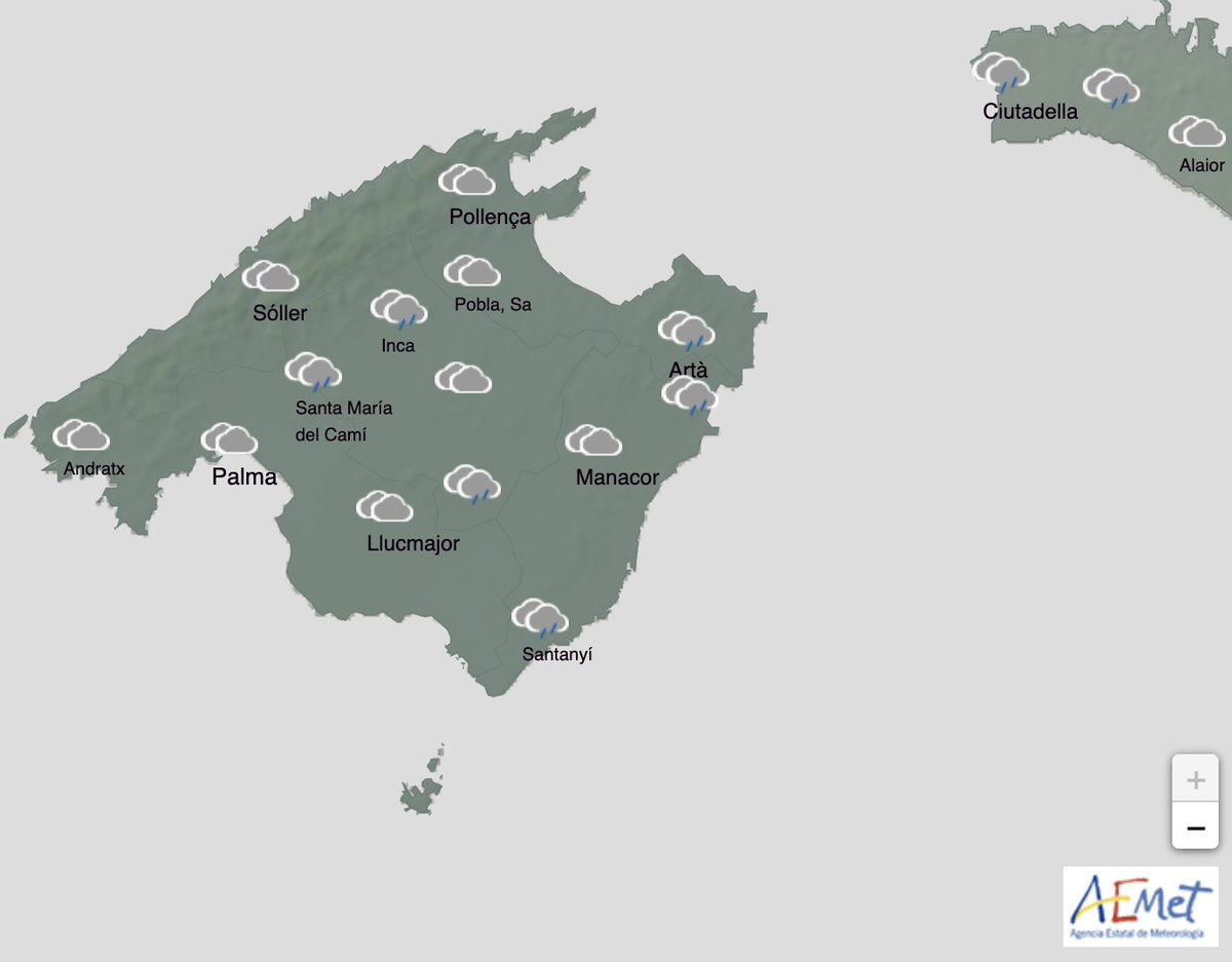 🟡 Nivell màxim groc. ⚠️ #AEMET actualitza fenòmens meteorològics adversos per pluges a Balears. 🟡 Nivel máximo amarillo. ⚠️ #AEMET actualiza fenómenos meteorológicos adversos por lluvias en Baleares.