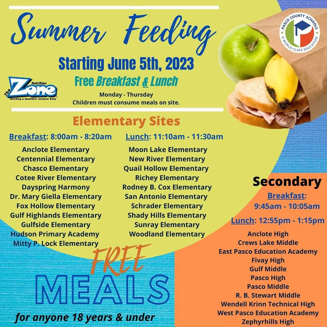 Here are the summer feeding site locations for Pasco County.  🍎
Free Breakfast and Lunch for children 18 and under starts June 5th.