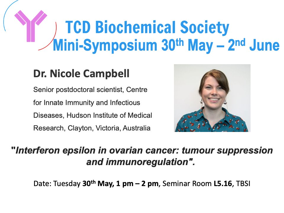 TCD Biochemical Society (@biochemsoctcd) on Twitter photo The first talk of our mini symposium is today! Dr. Nicole Campbell <a href="/nk_campbell/">DrNicoleCampbell.bsky.social</a> from <a href="/Hudson_Research/">Hudson Institute of Medical Research</a> will be speaking about "Interferon epsilon in ovarian cancer: tumour suppression and immunoregulation" at 1pm in L5.16 in TBSI.
Refreshments provided! <a href="/tcddublin/">Trinity College Dublin</a> <a href="/tcdTBSI/">TCD TBSI</a> The first talk of our mini symposium is today! Dr. Nicole Campbell <a href="/nk_campbell/">DrNicoleCampbell.bsky.social</a> from <a href="/Hudson_Research/">Hudson Institute of Medical Research</a> will be speaking about "Interferon epsilon in ovarian cancer: tumour suppression and immunoregulation" at 1pm in L5.16 in TBSI.
Refreshments provided! <a href="/tcddublin/">Trinity College Dublin</a> <a href="/tcdTBSI/">TCD TBSI</a>