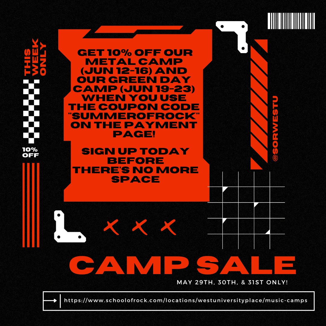 sorwestu's tweet photo. Today through Wednesday, get 10% off our Metal and Green Day summer camps when you the coupon code "SUMMEROFROCK" at checkout. Snag a spot now while they're available! https://t.co/nIML3zFxqq