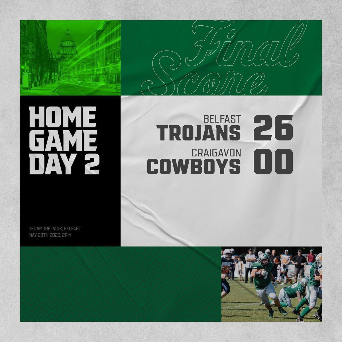 BelfastTrojans's tweet photo. ⚔️ TROJANS WIN! 🏈

A hat-trick of Touchdowns from Mo Ramadan, and a fourth from James Lynn, along with a defensive shutout helped the Trojans get their first win on home turf in 2023 - moving to 4-2 for the season!

#bewaretheblade
#defendderamore
#belfasttrojans https://t.co/ab9P1HylZa