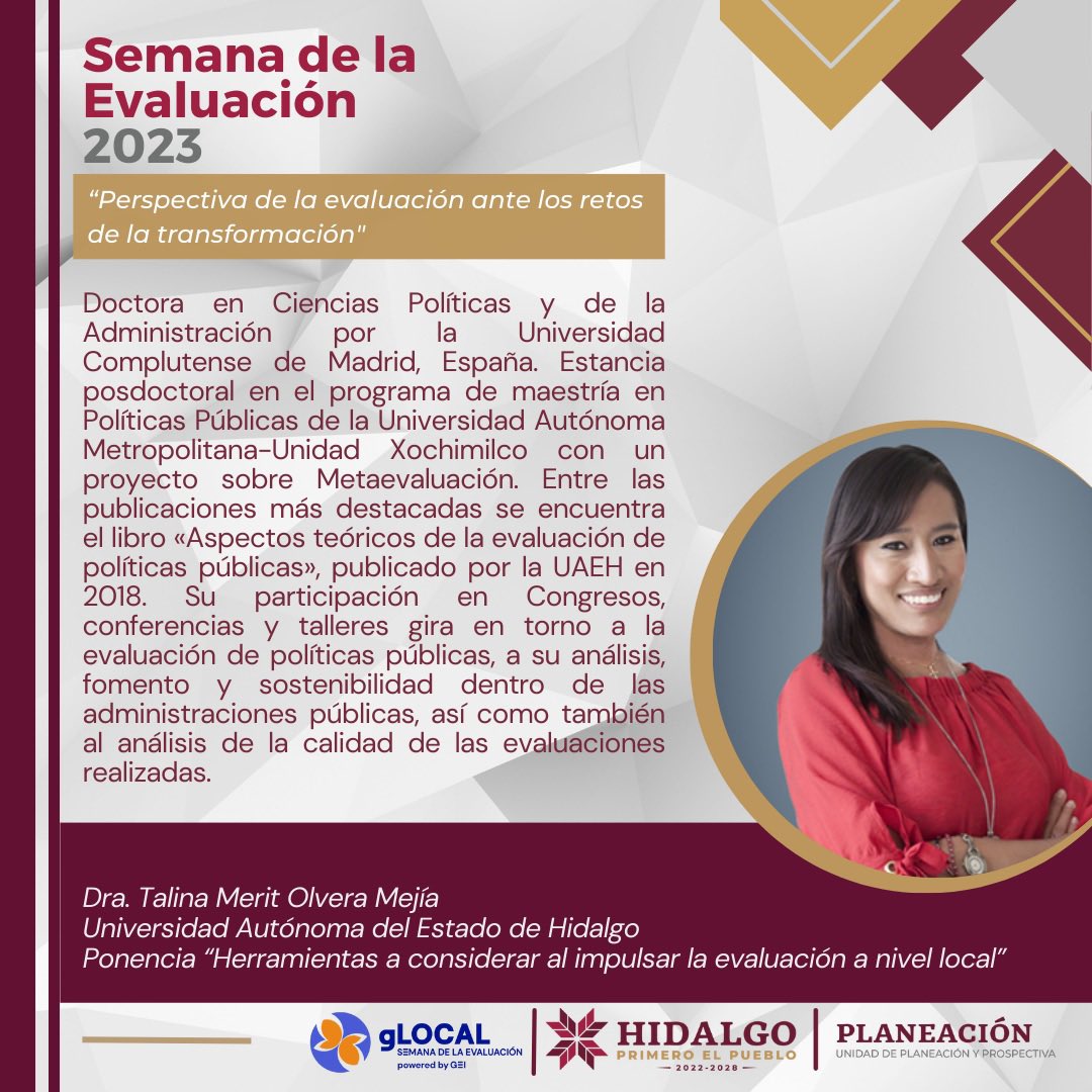 PlaneacionHgo's tweet photo. 📌 Semana de la evaluación #gLOCAL2023.

Ponencia: "Herramientas a considerar al impulsar la evaluación a nivel local" por la Dra. Talina Merit Olvera Mejía. 

🗓️ 01 de julio 

Registro 📲 https://t.co/w9lcZNYLco

🔴 Sigue la transmisión  👉 https://t.co/jxp0dmfVTM https://t.co/5c0ATGu2d0