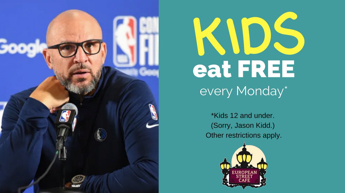 Today is Monday which means KIDS EAT FREE (kids 12 and under, that is) from our special Kindermenu (juicebox included!)  with the purchase of an entree and beverage from the regular menu. 

P.S. Better luck next year, Jason.