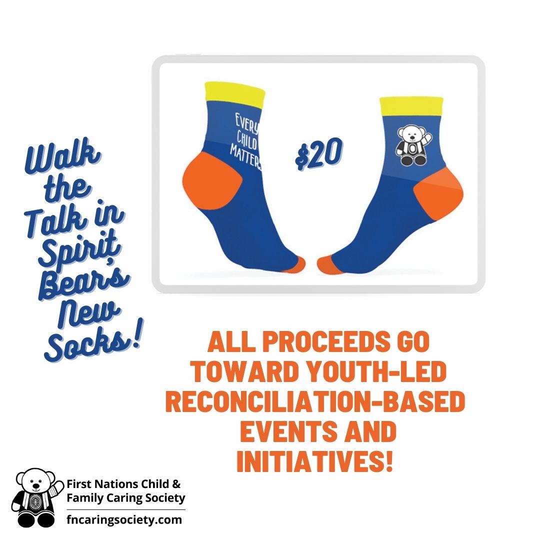 Walk the Talk in Spirit Bear's new socks! Socks are available in two designs and multiple sizes for only $20. All proceeds go toward youth-led reconciliation-based events and initiatives. Visit the shop on our website to order yours now: ow.ly/MZM250O9ier