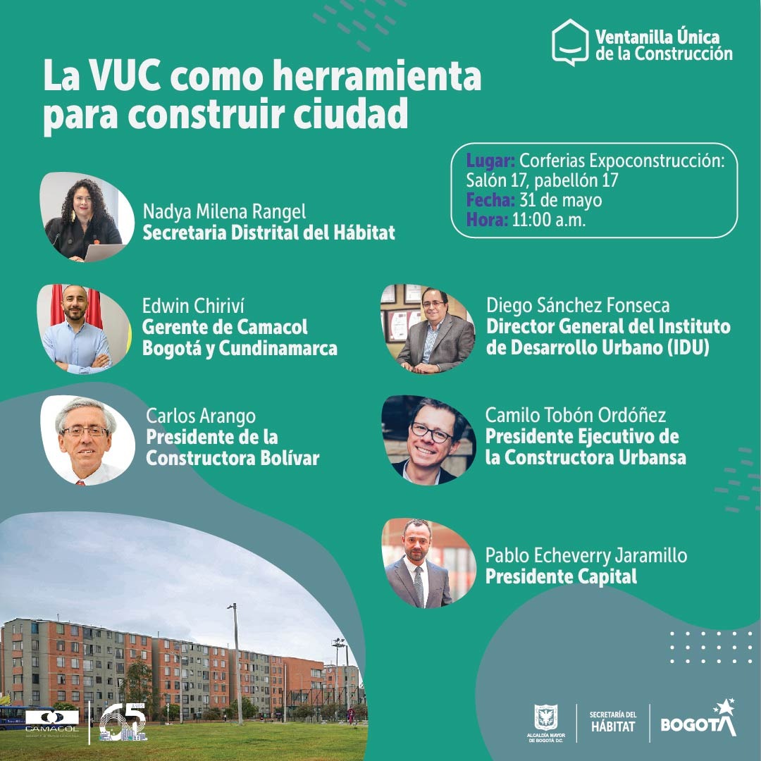 CAMACOLBOGOTA's tweet photo. Este 31 de mayo en #Expoconstruccion Expodiseño no se pierda a nuestro gerente, @Ejchirivi, en el conversatorio de @habitatbogota "La VUC como herramienta para construir ciudad" que se realizará en el salón 17, pabellón 17.

Inscríbase en: https://t.co/bwwlETGHkk https://t.co/4AfbAv4j6Q