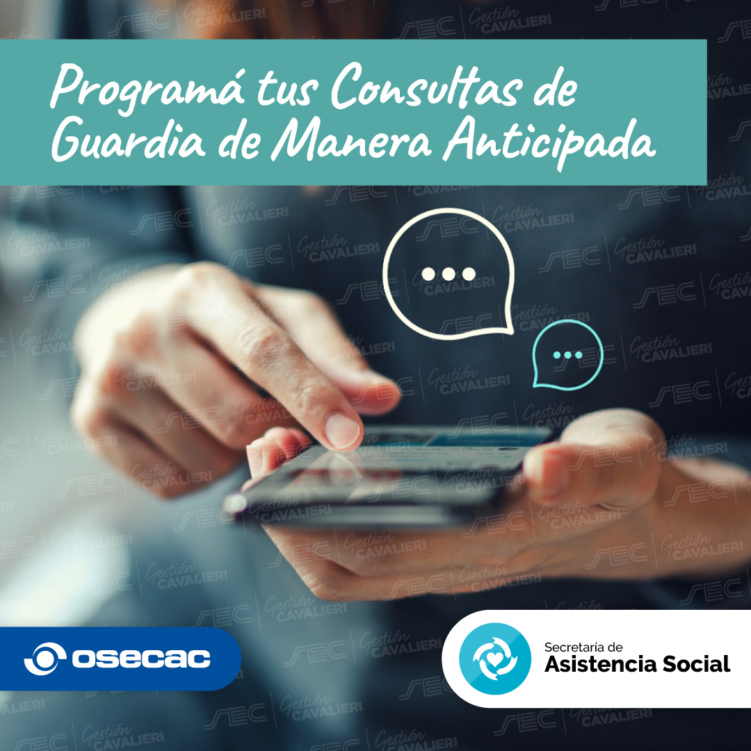 Desde #OSECAC se habilitó un nuevo servicio con
el que podrás programar 🗓️ tus consultas de guardia con anticipación, y así, reducir el tiempo de espera⏳

Programá tu consulta a través de📲Whatsapp
11 3271 2994

🔹Para conocer más ingresá a 
osecac.org.ar/Novedades/prog…
