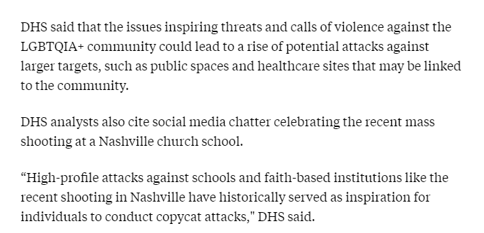 wesyang's tweet photo. DHS issues advisory about rising threats against the LGBQTIA+ community

What do you they cite as evidence?

"social media chatter celebrating the recent mass shooting at a Nashville church school." 

They cited celebration of a mass shooting *by* a trans-identified female as evidence of threats *against* LBQTIA+ 

 https://t.co/22uNRiJDQw