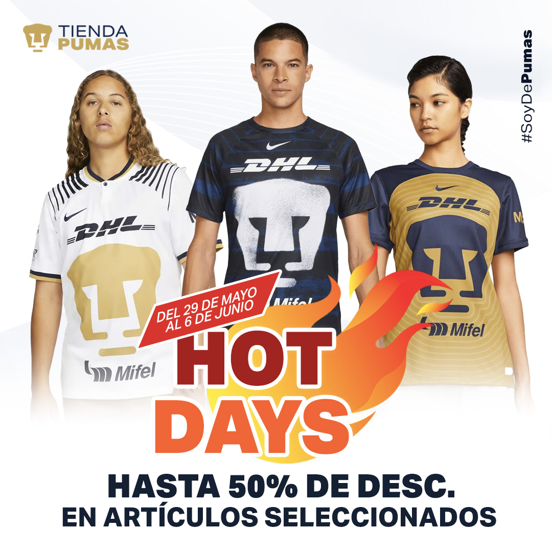 Las mejores promociones en Hot Days🔥⚡️
Adquiere tus productos favoritos del equipo de tus amores a precios que no podrás creer.
Vigencia del 29 de Mayo al 6 de Junio en artículos seleccionados.

Visita nuestra tienda en línea tiendapumas.com📲
Tu pedido seguro con #DHL