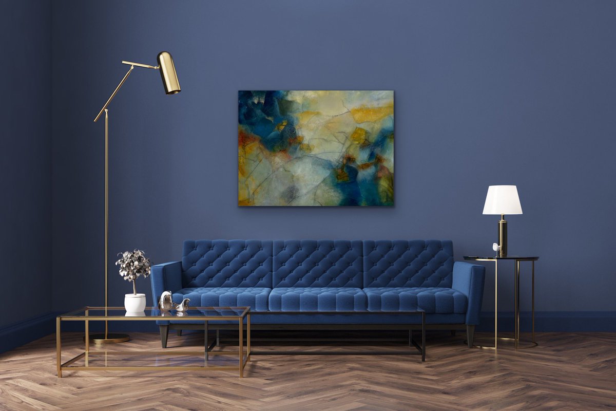 Abstractartbiz's tweet photo. In Eastern philosophy, yellow represents the solar plexus chakra, which is associated with personal power and self-confidence. I am thinking of titling this Earth Power because I find it bold in the extensive use of line and the color yellow. It’s only 36X48 but feels much larger https://t.co/B6Hec4kyoo