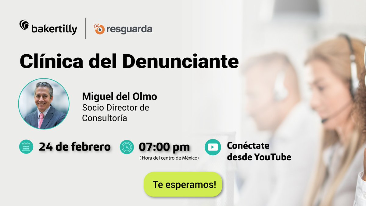 ¡Descubre la Clínica para el Denunciante!

Un espacio donde podrás hacer consultas sobre el uso del #CanalDeDenuncias en una organización. Miguel del Olmo, Socio Director de Consultoría de Baker Tilly y Emma García, Representante Comercial de <a href="/Resguarda/">RESGUARDA</a> abordarán todas las dudas