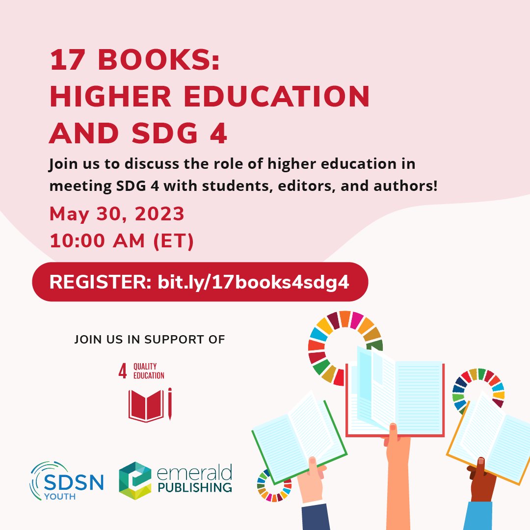 TOMORROW: What is the role of higher education in delivering the #SDGs to help create a world that leaves no one behind? 🤔

Join us and @EmeraldGlobal to explore how we can help advance #SDG4 in #HigherEducation institutions 🙌

Register NOW ➡️ bit.ly/17books4sdg4