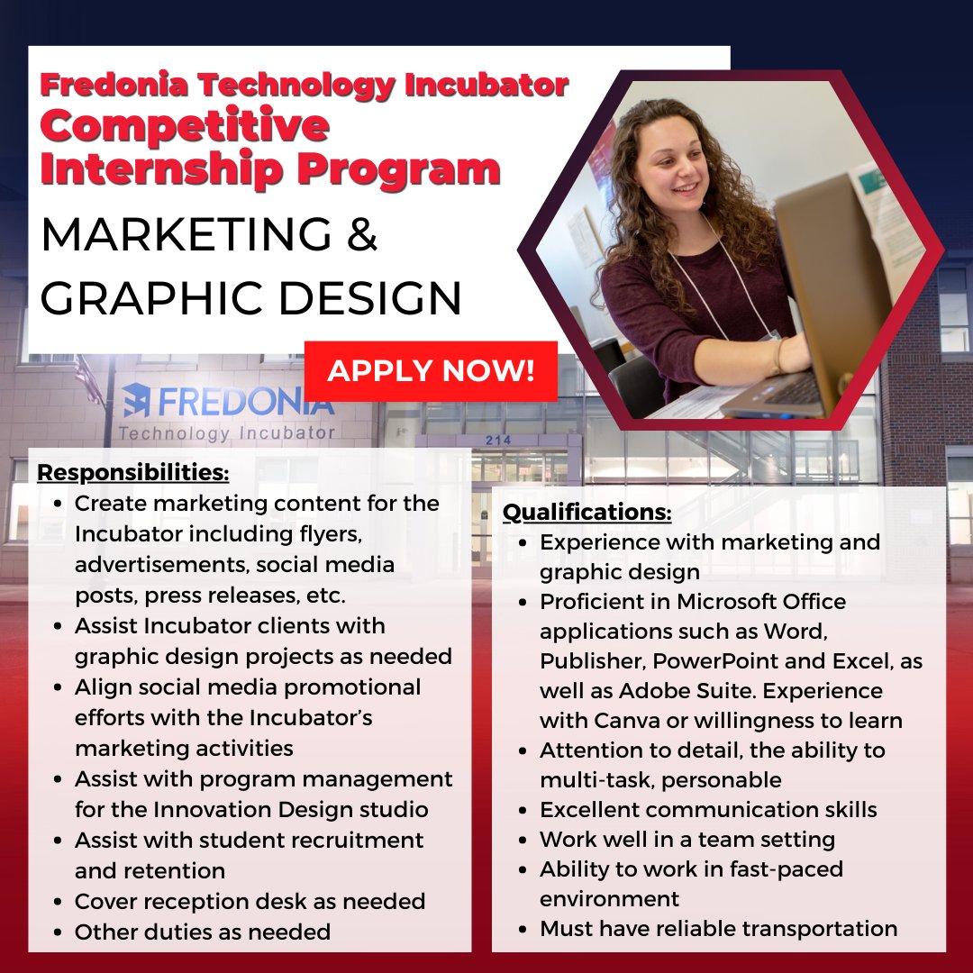 Fredonia_CIED's tweet photo. Looking for an engaging internship this Fall semester?
Look no further! The Incubator is seeking SIX interns from a variety of majors for multiple positions! 👀
Send your resume and cover letter to Project Coordinator Lauri Gawronski at lauri.gawronski@fredonia.edu to join the F https://t.co/40HRBgm4yN