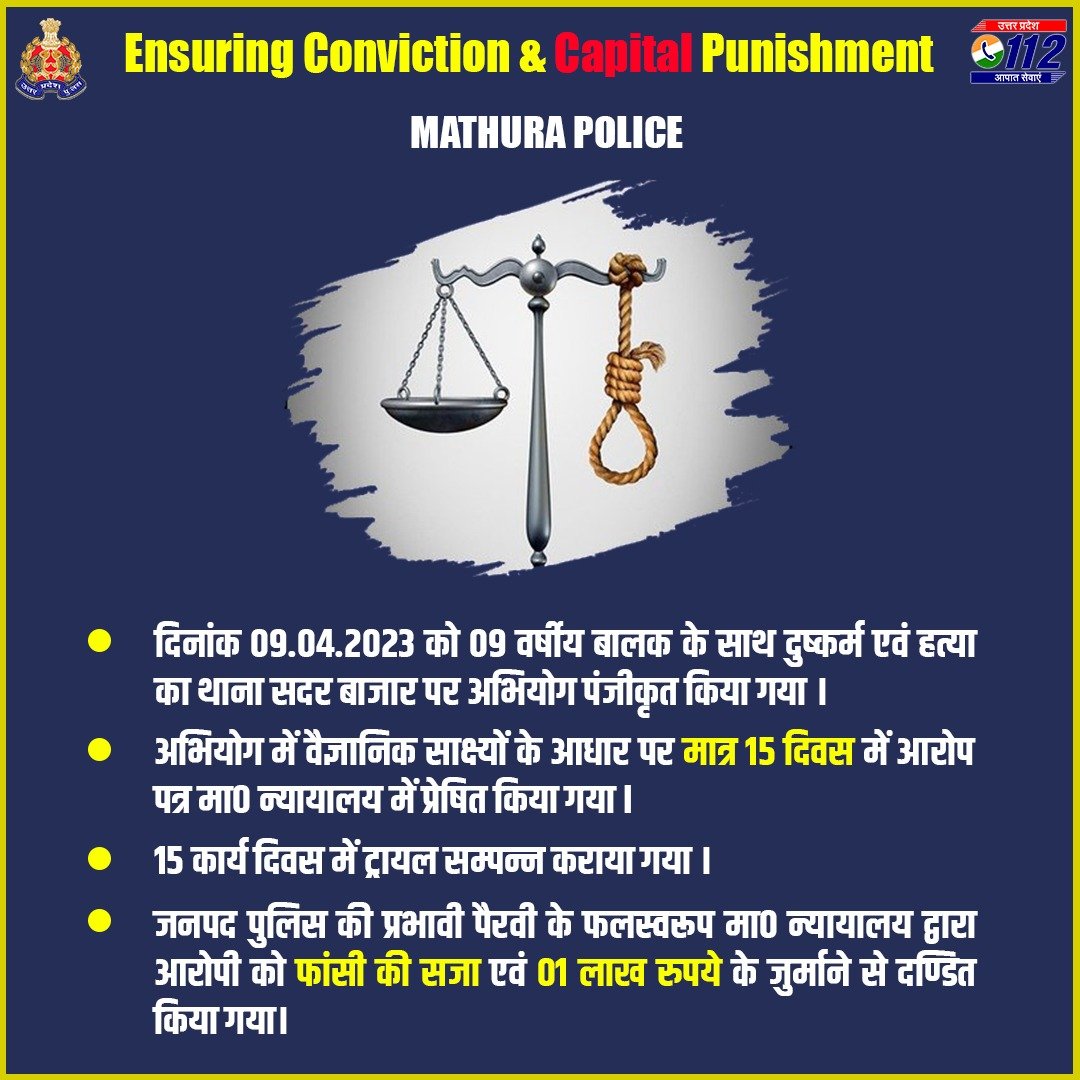 Turning the wheels of justice swiftly-In a blind murder case involving sexual assault of a 9-year-old boy in Mathura, the Honorable court has pronounced the sentence of hanging and a fine of 1 lakh rupees due to the meticulous investigation by @mathurapolice. (1/2)