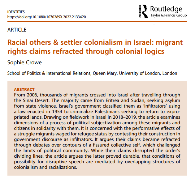 'Racial #others & settler colonialism in #Israel: migrant rights claims refracted through colonial logics' by Sophie Crowe

#settlercolonialism #racialization
@Routledge_Socio @aaronzwinter @NasarMeer 

From #Identities, available at ➡️
doi.org/10.1080/107028…
