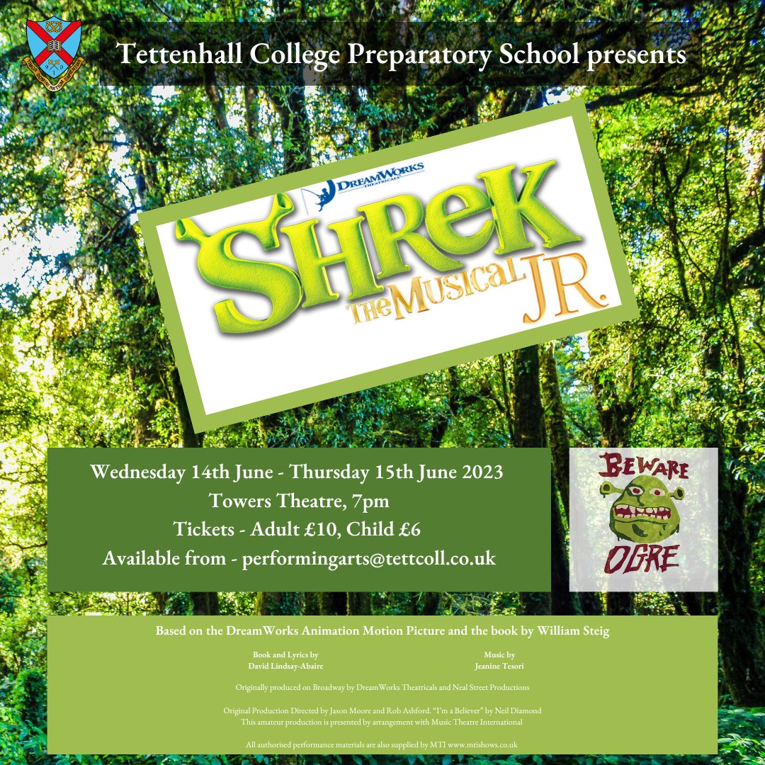 Have you booked your tickets for Shrek The Musical JR? There's still time to book! Performances will take place on Wednesday 14th June and Thursday 15th June, 7pm. 

To book please email - performingarts@tettcoll.co.uk         

Ticket prices - adults £10, children £6.