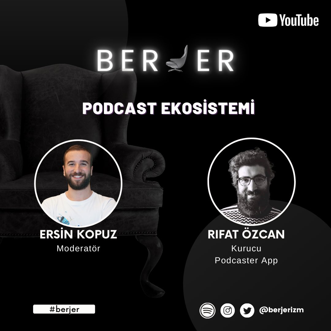 🛋 #Berjer 

📢 Podcast Ekosistemi

Ersin Kopuz (<a href="/ersinkopuz/">Ersin Kopuz</a> ) moderatörlüğünde Podcaster App (<a href="/podcaster_app/">Podcaster App</a>) Kurucusu Rıfat Özcan’ın (<a href="/rifatozcann/">Rıfat Özcan🎙️</a> ) konuk olduğu Berjer’de podcast ekosistemini ele aldık. 

📺 youtu.be/-33IS8Myc10