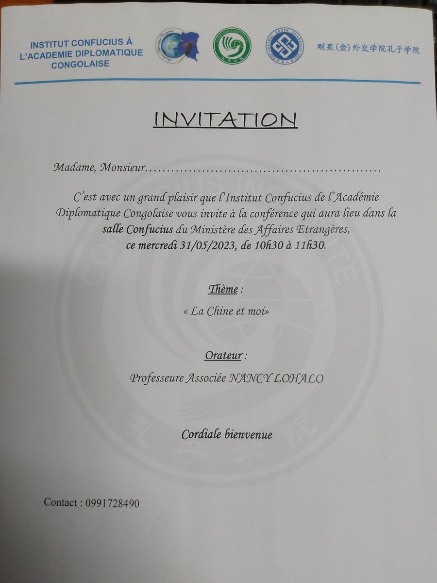 CI_RDC's tweet photo. Mercredi 31/05/2023, Conférence sur la langue et la culture chinoises à l'Institut Confucius de l'ADC, par la Professeure Associée NANCY LOHALO.
Cordiale bienvenue à tous. https://t.co/c7214WqmfY