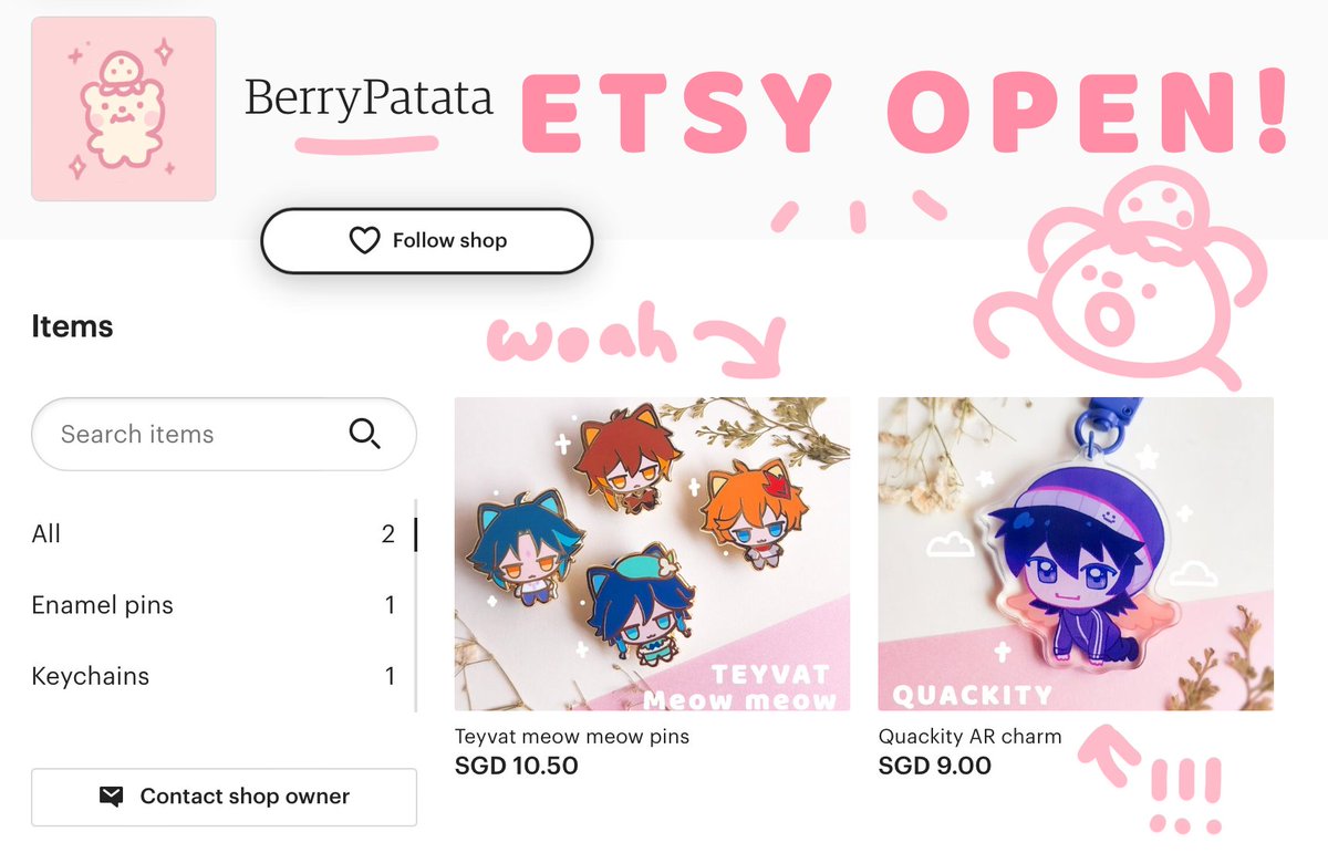 BerryPatata's tweet image. ❗️I OPENED AN ETSY SHOP!!! (more merch on my big cartel :D) RTs are appreciated✨1/2  
#shopopen #Genshinlmpact #qsmp